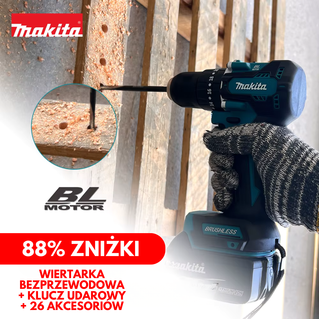 ORYGINALNY ZESTAW MAKITA: WIERTARKA BEZPRZEWODOWA + KLUCZ UDAROWY + 26 AKCESORIÓW + 2 BATERIE