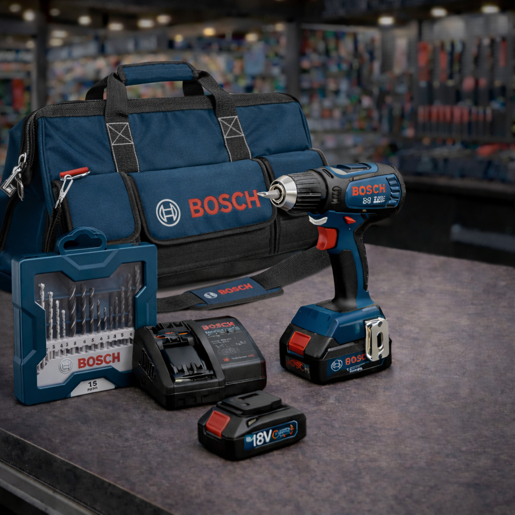 WIERTARKO-WKRĘTARKA BOSCH 18V Z 2 AKUMULATORAMI + ŁADOWARKA + ZESTAW WIERTEŁ 15 SZTUK + TORBA BOSCH GRATIS